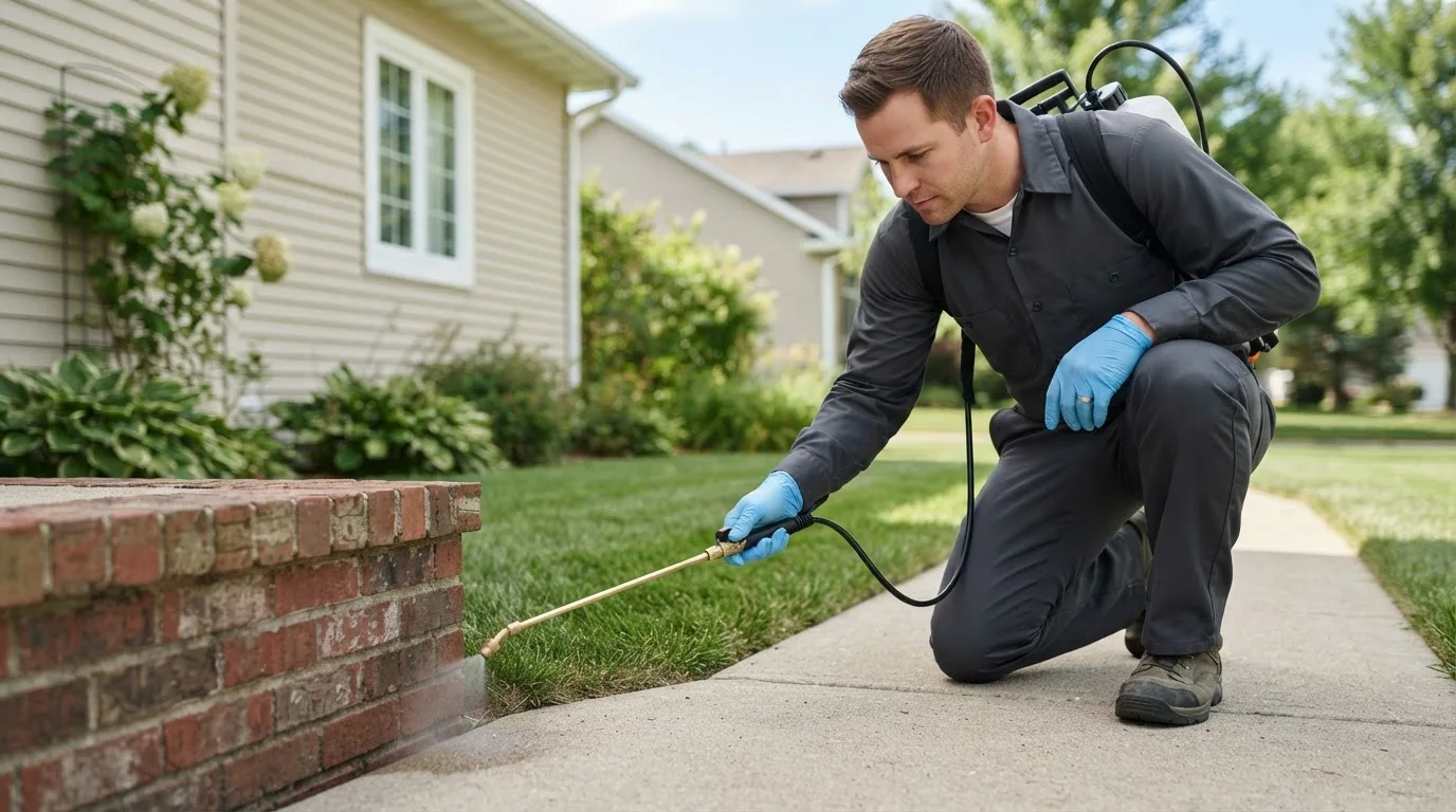 Pest control technician treating a home near Olin, IA