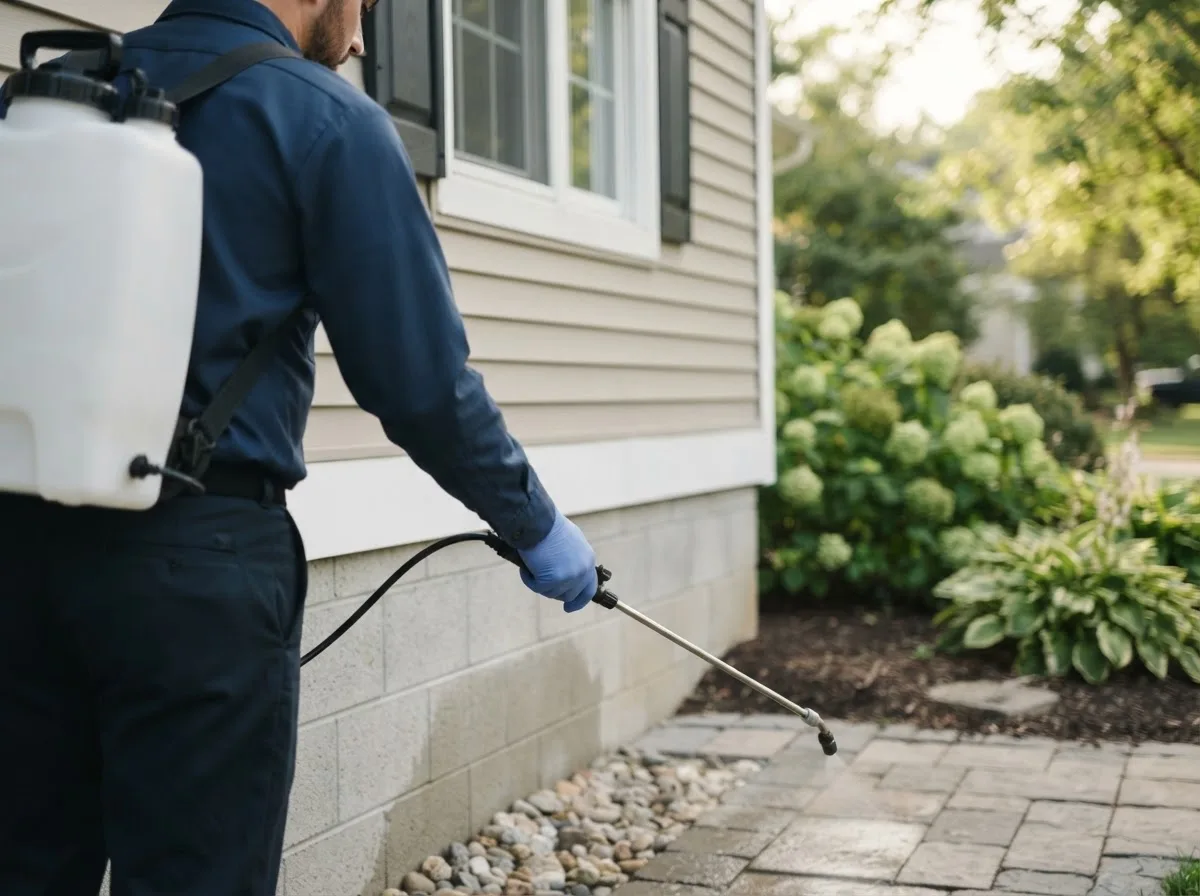 Pest control technician inspecting a home in Olin, IA